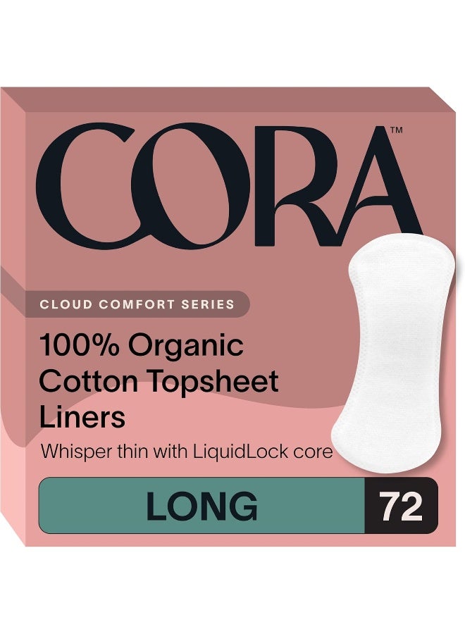 Cora Period Liners | Long Length | 100% Organic Cotton Topsheet | Ultra Thin, Quick Absorbency | Hypoallergenic | Dermatologically Tested | Unscented, No Wings | Packaging May Vary | 72 Count - Image 1
